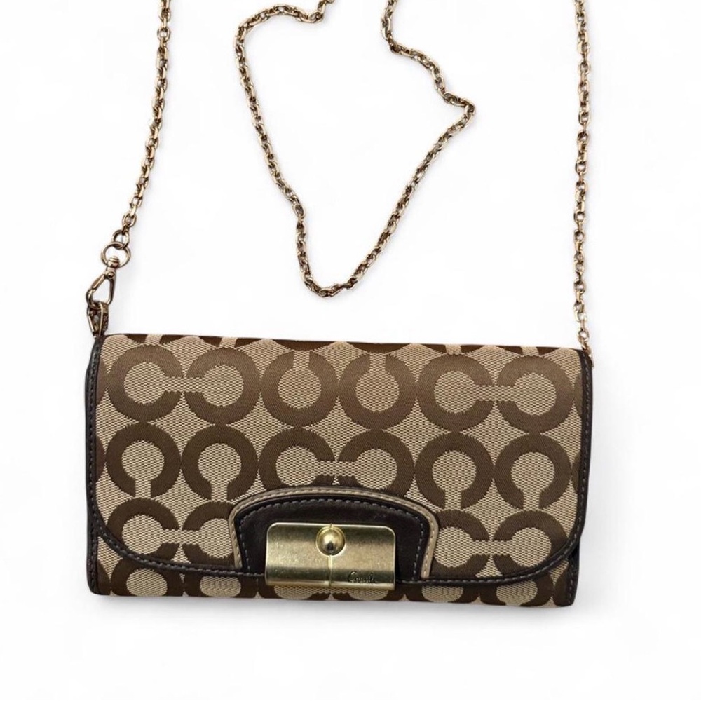 Coach Brown and Tan Signature Wallet with chain